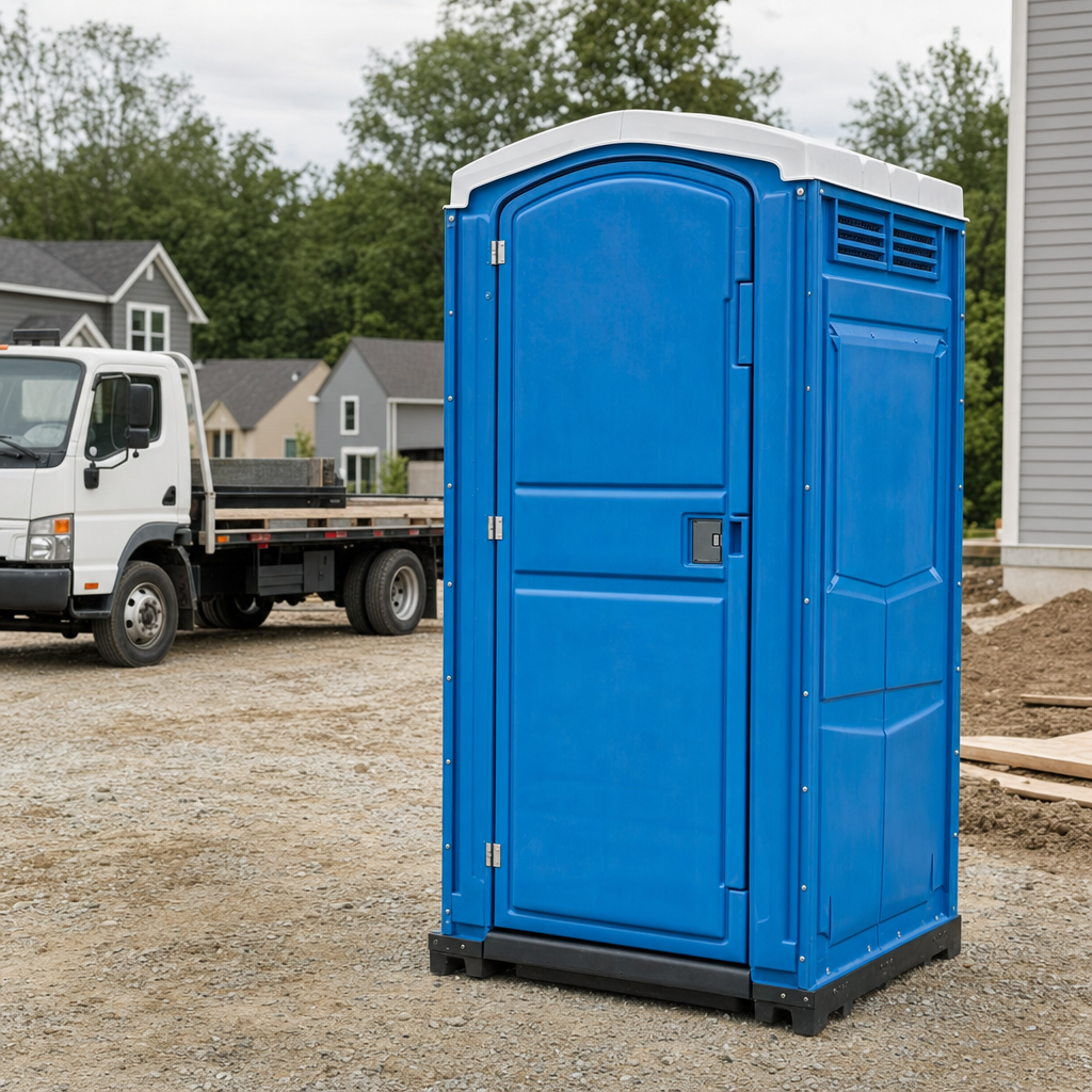 Delivery driver positioning a clean royal-blue portable toilet on level ground at a Lubbock worksite