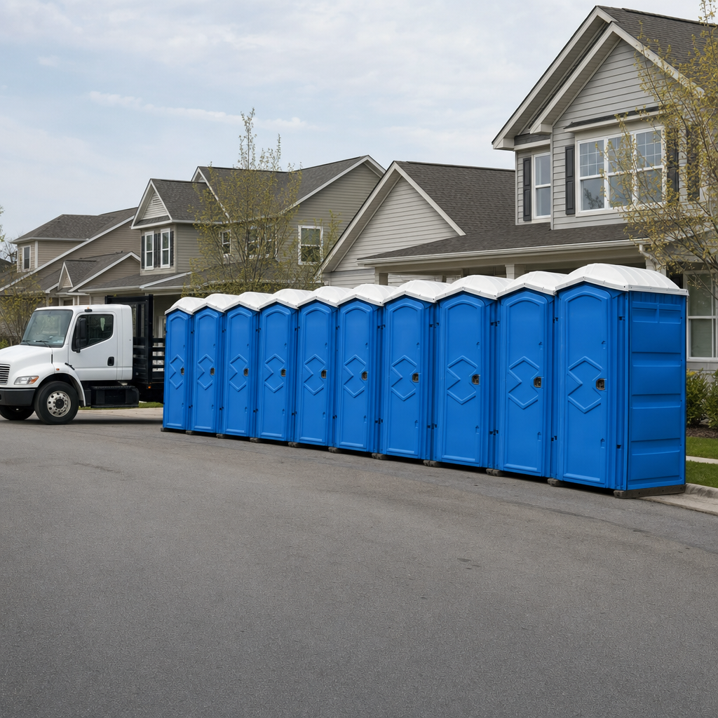 Royal blue portable toilets staged in a tidy row at a Lubbock jobsite, ready for delivery